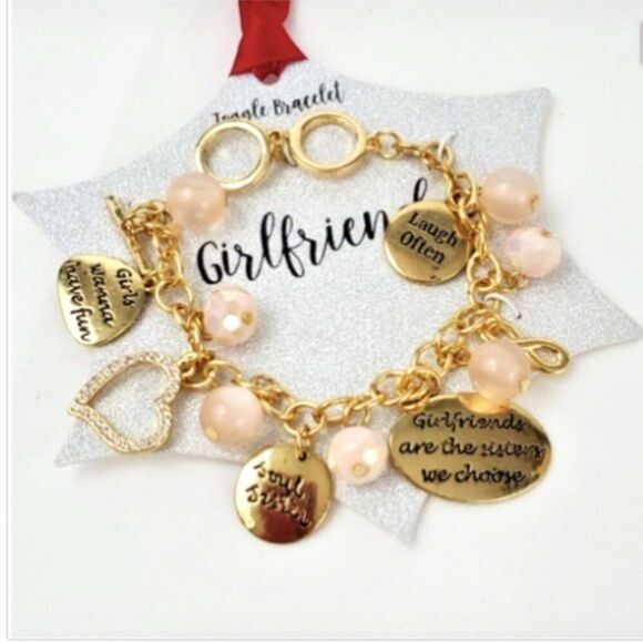 Girlfriend Toggle charm Bracelet Friends Gold faux pearls heart gold blush pink - Picture 2 of 11